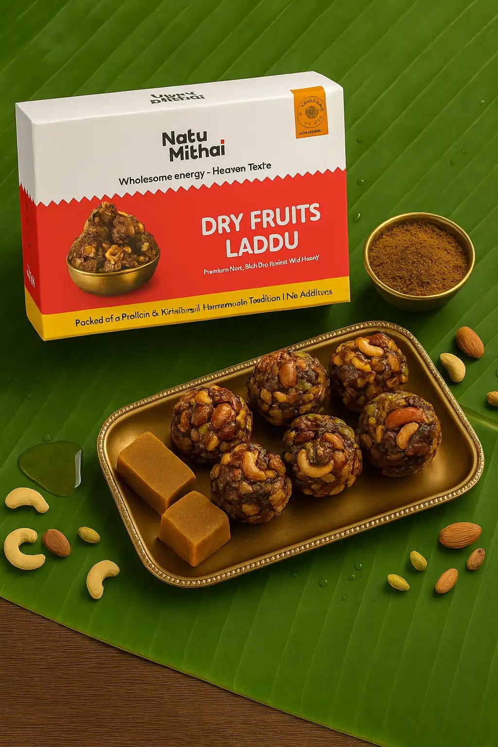 dry fruits laddu in copper plate beside packaging sweet box and jaggery powder in copper cup
