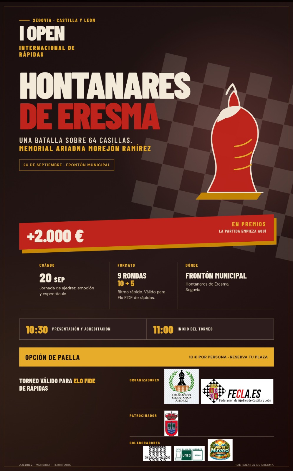 Convocatoria del I Open internacional de ajedrez rápido de Hontanares de Eresma (Memorial Ariadna Morejón Ramírez)