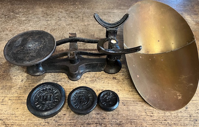 Detail of vintage copper and cast iron kitchen scales, 30cm W x 15 cm H (RR256FT) $85 salvaged vintage recycled, demolition, reproduction, restoration, home renovation secondhand, used , original, old, reclaimed, heritage, antique, victorian, art nouveau edwardian georgian art deco