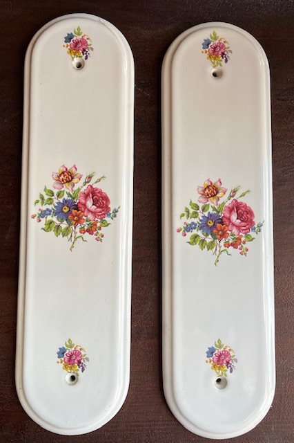 Matching floral ceramic door plates, unused, 28cm H (H662) $50 pair salvaged vintage recycled, demolition, reproduction, restoration, home renovation secondhand, used , original, old, reclaimed, heritage, antique, victorian, art nouveau edwardian georgian art deco