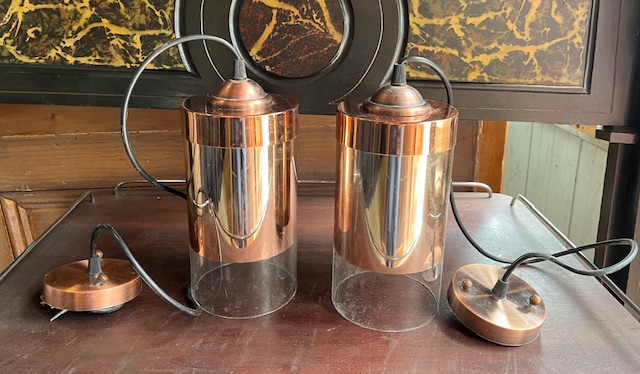 Pair of glass and copper finish lights, each light is 215mm H x 115mm diam plus drop (L385) $250 pair salvaged vintage recycled, demolition, reproduction, restoration, home renovation secondhand, used , original, old, reclaimed, heritage, antique, victorian, art nouveau edwardian georgian art deco