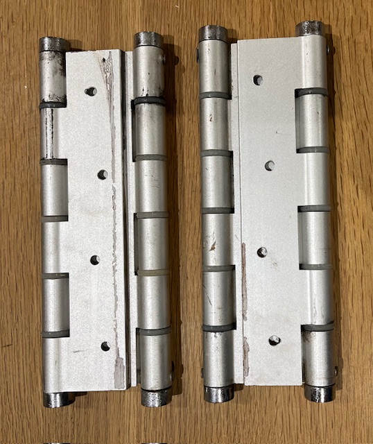 Spring loaded auto closing aluminium door hinges 19.5cm H x 7cm W (H683) $50 pair salvaged vintage recycled, demolition, reproduction, restoration, home renovation secondhand, used , original, old, reclaimed, heritage, antique, victorian, art nouveau edwardian georgian art deco