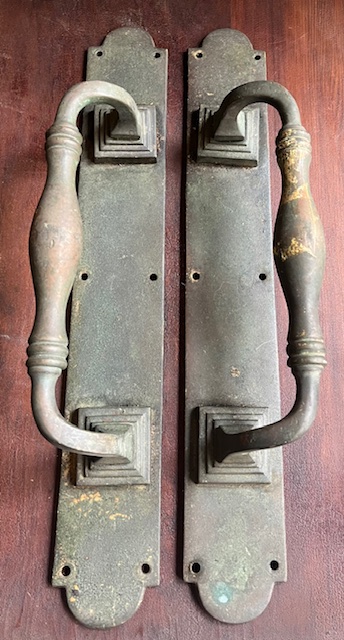 Magnificent solid brass original French door handles, leave rustic or could be polished, 45cm H x 9cm projection, (H674B) $330 pair salvaged vintage recycled, demolition, reproduction, restoration, home renovation secondhand, used , original, old, reclaimed, heritage, antique, victorian, art nouveau edwardian georgian art deco