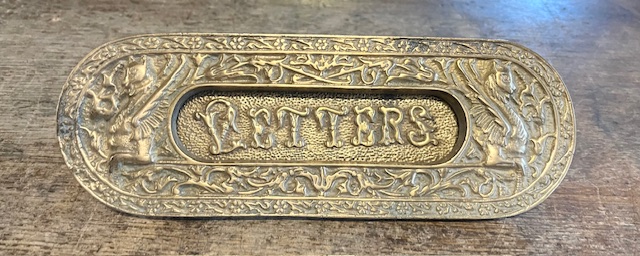 Ornate Victorian brass letter slot, W 22.5cm x H 7.5cm (H712) $145 salvaged vintage recycled, demolition, reproduction, restoration, home renovation secondhand, used , original, old, reclaimed, heritage, antique, victorian, art nouveau edwardian georgian art deco