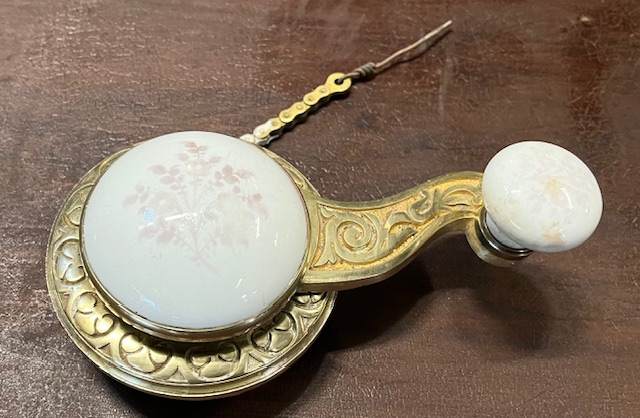 Brass and porcelain butler's/ servant's bell, original Victorian with pale pink flowers, in working order, 15cm W (H721) $330 salvaged vintage recycled, demolition, reproduction, restoration, home renovation secondhand, used , original, old, reclaimed, heritage, antique, victorian, art nouveau edwardian georgian art deco