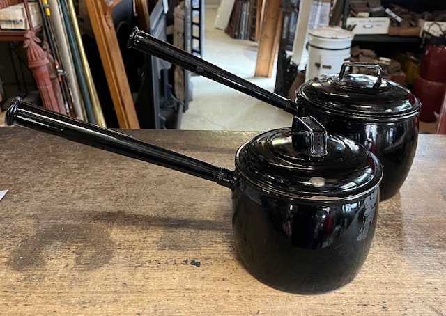 Long handle enamel saucepans, large 43cm long, 18cm diam x 14cm H (RR266) $45 and small 38cm long, 16cm diam x 12cm H (RR267) $45salvaged vintage recycled, demolition, reproduction, restoration, home renovation secondhand, used , original, old, reclaimed, heritage, antique, victorian, art nouveau edwardian georgian art deco