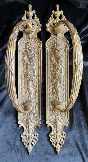 Impressive large Victorian solid brass pull handle set with design of woman with flowers and fruit and reeded door handles 50cm H x 8cm W x 10cm projection (H736) $545 salvaged vintage recycled, demolition, reproduction, restoration, home renovation secondhand, used , original, old, reclaimed, heritage, antique, victorian, art nouveau edwardian georgian art deco