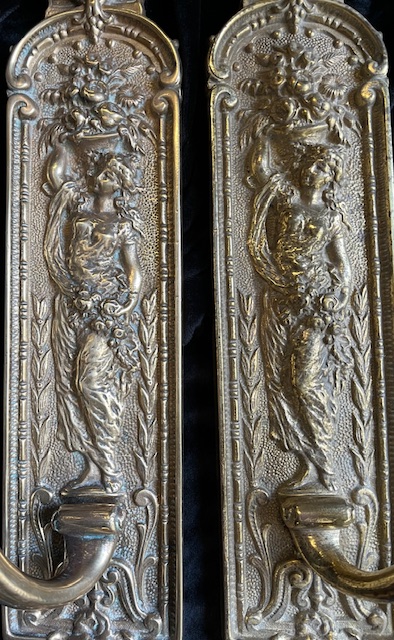More detail of impressive large Victorian solid brass pull handle set with design of woman with flowers and fruit and reeded door handles 50cm H x 8cm W x 10cm projection (H736) $545 salvaged vintage recycled, demolition, reproduction, restoration, home renovation secondhand, used , original, old, reclaimed, heritage, antique, victorian, art nouveau edwardian georgian art deco
