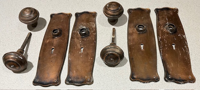 Original copper door handle and plate sets, plates 25 x 7cm (H738) $65 set salvaged vintage recycled, demolition, reproduction, restoration, home renovation secondhand, used , original, old, reclaimed, heritage, antique, victorian, art nouveau edwardian georgian art deco