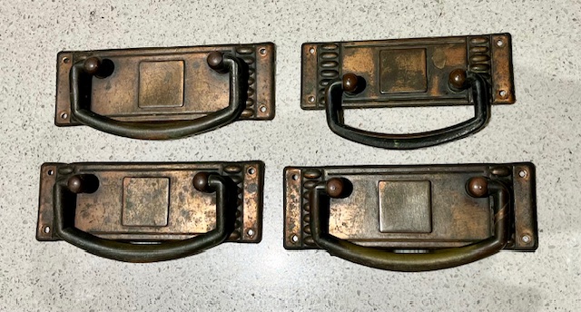 Art Deco pressed copper drawer handles, 3x 11 x 4cm and 1x 3.5 x 9.5cm (H743) $100 set of 4 salvaged vintage recycled, demolition, reproduction, restoration, home renovation secondhand, used , original, old, reclaimed, heritage, antique, victorian, art nouveau edwardian georgian art deco