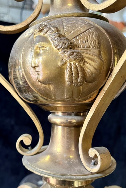 Neoclassical relief detail on magnificent antique late 1800s French Empire style ormolu gilt cast bronze six arm chandelier original gas light now electrified, ex Adelaide mansion, over 100cm drop x 120cm diam (L419) $10500 Photo 7/14 salvaged vintage recycled, demolition, reproduction, restoration, home renovation secondhand, used , original, old, reclaimed, heritage, antique, victorian, art nouveau edwardian georgian art deco