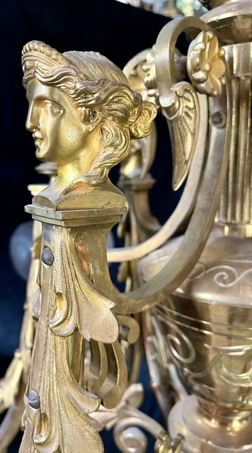 Neoclassical bust detail on magnificent late 1800s antique French Empire style ormolu gilt cast bronze six arm chandelier original gas light now electrified, ex Adelaide mansion, over 100cm drop x 120cm diam (L419) $10500 Photo 6/14 salvaged vintage recycled, demolition, reproduction, restoration, home renovation secondhand, used , original, old, reclaimed, heritage, antique, victorian, art nouveau edwardian georgian art deco