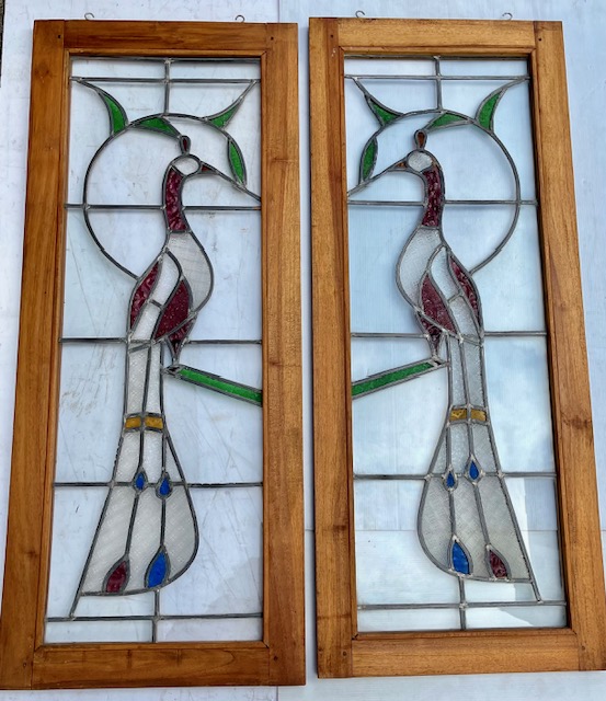 Pink peacock pair of leadlight panels in timber frames, frame size 995 x 410mm, glass size 875 x 295mm (LL369) $365 each salvaged vintage recycled, demolition, reproduction, restoration, home renovation secondhand, used , original, old, reclaimed, heritage, antique, victorian, art nouveau edwardian georgian art deco