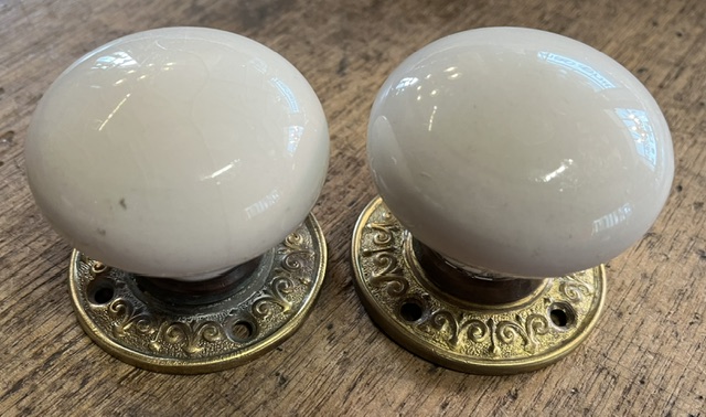 White porcelain Victorian door handle set (H739A) $110 set salvaged vintage recycled, demolition, reproduction, restoration, home renovation secondhand, used , original, old, reclaimed, heritage, antique, victorian, art nouveau edwardian georgian art deco