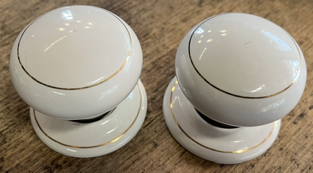 White and gold porcelain Victorian door handle set (H739B) $110 set salvaged vintage recycled, demolition, reproduction, restoration, home renovation secondhand, used , original, old, reclaimed, heritage, antique, victorian, art nouveau edwardian georgian art deco