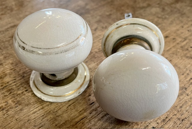 White and gold porcelain Victorian door handle set (H739E) $110 set salvaged vintage recycled, demolition, reproduction, restoration, home renovation secondhand, used , original, old, reclaimed, heritage, antique, victorian, art nouveau edwardian georgian art deco