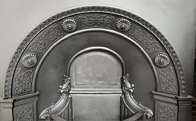 Detail of very impressive original English made cast iron big burner fire insert, circa 1870/1880s, high quality casting, fully restored by Feds, 965 x 965mm (F453) $1500 recycled, demolition, reproduction, restoration, home renovation secondhand, used , original, old, reclaimed, heritage, antique, victorian, art nouveau edwardian georgian art deco