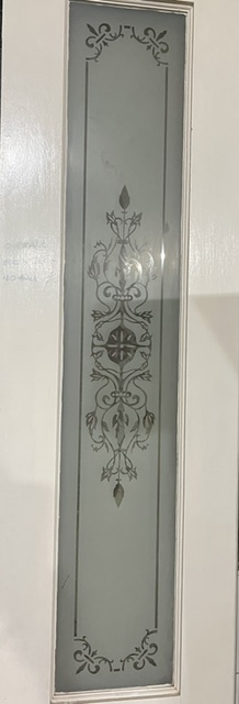 Detail of solid timber bifold doors with etched glass panels, set of 2 doors, W 800 x H 2045 x D 40mm (D356) $265 salvaged vintage recycled, demolition, reproduction, restoration, home renovation secondhand, used , original, old, reclaimed, heritage, antique, victorian, art nouveau edwardian georgian art deco