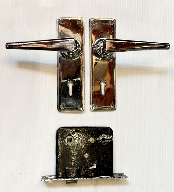 Detail of polished lever handle sets with locks and shafts, 155mm H x 50mm projection, 5 matching sets available (H744) $85 per set salvaged vintage recycled, demolition, reproduction, restoration, home renovation secondhand, used , original, old, reclaimed, heritage, antique, victorian, art nouveau edwardian georgian art deco