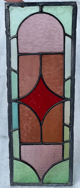 Small original lead light panel, pink, red, brown and green geometric design, W 180 x H 505mm (LL376 FT) $95 salvaged, vintage, recycled, demolition, reproduction, restoration, home renovation secondhand, used , original, old, reclaimed, heritage, antique, victorian, art nouveau edwardian georgian art deco