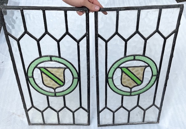 Leadlight panels with gold shield emblem with green diagonal stripe and framing (LL375 & LL372) $265 each