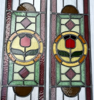 Detail of geometric lead light pair with red stylised flowers pink, green, red and yellow glass, each panel is H1154 x W 280mm (LL374 FOZI) $1540 pair *** matches (LL368 FOZI) salvaged, vintage, recycled, demolition, reproduction, restoration, home renovation secondhand, used , original, old, reclaimed, heritage, antique, victorian, art nouveau edwardian georgian art deco