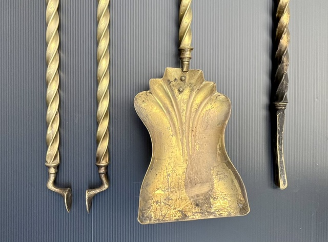 Detail of twisty brass fire tool set comprising poker 75cm H, tongs and shovel 85cm H (F460) $245 set of 3 salvaged vintage recycled, demolition, reproduction, restoration, home renovation secondhand, used , original, old, reclaimed, heritage, antique, victorian, art nouveau edwardian georgian art deco