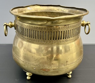 Vintage brass planter with perforated decoration, ring handles and feet, H 21cm x 25cm diam (RR292) $45 salvaged, recycled, demolition, reproduction, restoration, home renovation secondhand, used , original, old, reclaimed, heritage, antique, victorian, art nouveau edwardian, georgian, art deco washstand fireplace hearth tiles