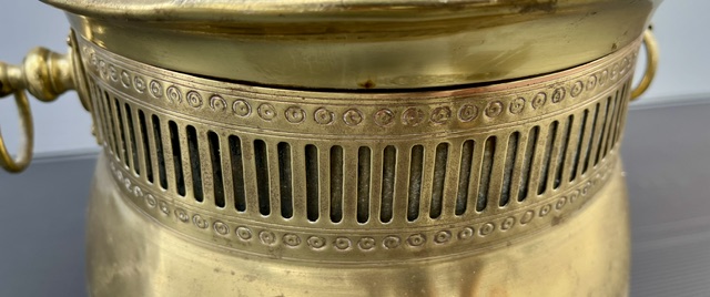 Detail of vintage brass planter with perforated decoration, ring handles and feet, H 21cm x 25cm diam (RR292) $45 salvaged, recycled, demolition, reproduction, restoration, home renovation secondhand, used , original, old, reclaimed, heritage, antique, victorian, art nouveau edwardian, georgian, art deco washstand fireplace hearth tiles
