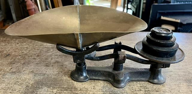 Vintage cast iron balance scales with 3 weights and brass bowl, W 365 x D 155 x H 135mm (RR290) $145 salvaged, recycled, demolition, reproduction, restoration, home renovation secondhand, used , original, old, reclaimed, heritage, antique, victorian, art nouveau edwardian, georgian, art deco washstand fireplace hearth tiles