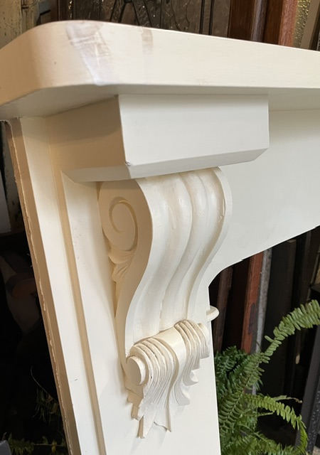 Substantial reproduction timber mantel, very crisp details with Victorian scrolls, top shelf W 1600 x D 220mm, height 1275mm, outer leg 1505mm, opening W 995 x H 980mm (M323) $845 salvaged vintage recycled, demolition, reproduction, restoration, home renovation secondhand, used , original, old, reclaimed, heritage, antique, victorian, art nouveau edwardian georgian art deco