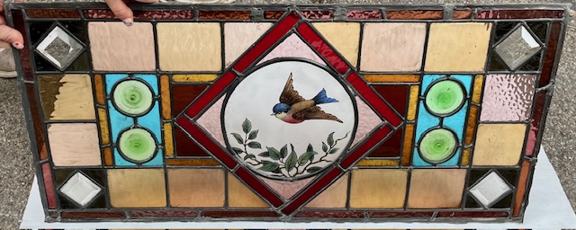 Restored Victorian leadlight panel with hand painted bird feature panel, green, aqua, gold, red and pink, W 770 x H 360mm (LL377 FT) $745 salvaged vintage recycled, demolition, reproduction, restoration, home renovation secondhand, used , original, old, reclaimed, heritage, antique, victorian, art nouveau edwardian georgian art deco