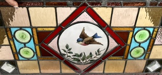 Detail of restored Victorian leadlight panel with hand painted bird feature panel, green, aqua, gold, red and pink, W 770 x H 360mm (LL377 FT) $745 salvaged, vintage, recycled, demolition, reproduction, restoration, home renovation secondhand, used , original, old, reclaimed, heritage, antique, victorian, art nouveau edwardian georgian art deco