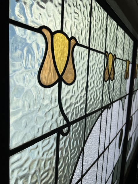 Detail of wonderful original Arts and Crafts leadlight Watson lift timber door, sage green and gold glass, ex Walter Torode Design house in Adelaide, matches door coded D370, H 2000mm x W 2435mm (D367) $4,400 salvaged vintage recycled, demolition, reproduction, restoration, home renovation secondhand, used , original, old, reclaimed, heritage, antique, victorian, art nouveau edwardian georgian art deco
