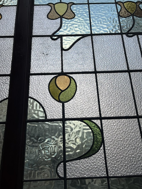 Detail of wonderful original Arts and Crafts leadlight Watson lift timber door, sage green and gold glass, ex Walter Torode Design house in Adelaide, matches door coded D370, H 2000mm x W 2435mm (D367) $4,400 salvaged vintage recycled, demolition, reproduction, restoration, home renovation secondhand, used , original, old, reclaimed, heritage, antique, victorian, art nouveau edwardian georgian art deco