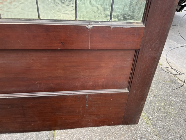 Detail of wonderful original Arts and Crafts leadlight Watson lift timber door, sage green and gold glass, ex Walter Torode Design house in Adelaide, matches door coded D370, H 2000mm x W 2435mm (D367) $4,400 salvaged vintage recycled, demolition, reproduction, restoration, home renovation secondhand, used , original, old, reclaimed, heritage, antique, victorian, art nouveau edwardian georgian art deco