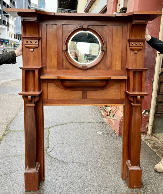 Straight out of the 1922 Clarkson's catalogue this marvellously detailed polished blackwood mantelpiece in excellent original condition, top shelf W 1505mm, height 1900mm, outer leg 1337mm, opening 920 x 920mm (M337) $1650 salvaged vintage recycled, demolition, reproduction, restoration, home renovation secondhand, used , original, old, reclaimed, heritage, antique, victorian, art nouveau edwardian georgian art deco