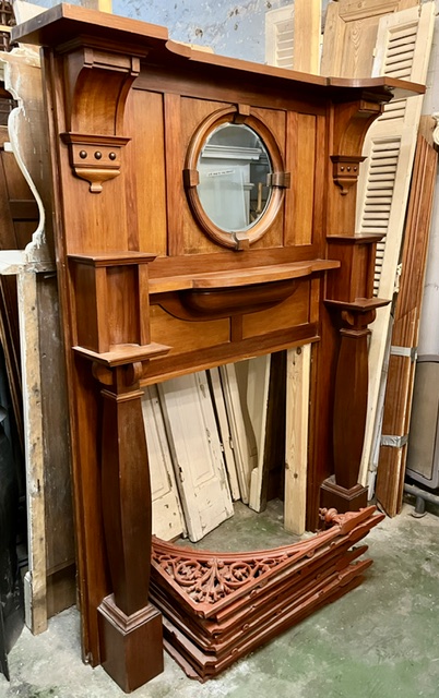 Straight out of the 1922 Clarkson's catalogue this marvellously detailed polished blackwood mantelpiece in excellent original condition, top shelf W 1505mm, height 1900mm, outer leg 1337mm, opening 920 x 920mm (M337) $1650 salvaged vintage recycled, demolition, reproduction, restoration, home renovation secondhand, used , original, old, reclaimed, heritage, antique, victorian, art nouveau edwardian georgian art deco
