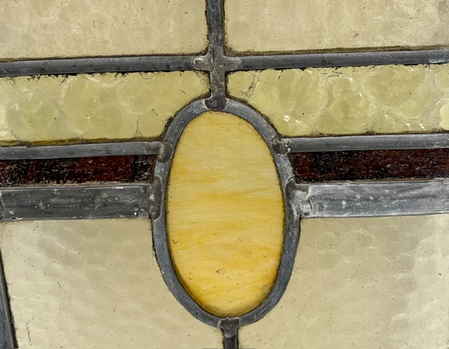 Detail of original restored Art Deco lead light panels, warm cream, gold and red colourways, matches LL288, each panel is H 455 x W 225mm (LL380) $360 pair salvaged vintage recycled, demolition, reproduction, restoration, home renovation secondhand, used , original, old, reclaimed, heritage, antique, victorian, art nouveau edwardian georgian art deco