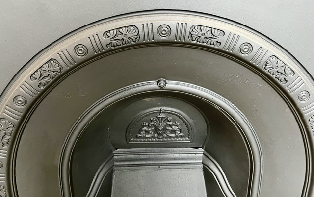 Detail of 'model 186A' original arched Victorian cats iron fire insert, fully restored by Feds, 965 x 965mm (F468) $825 salvaged vintage recycled, demolition, reproduction, restoration, home renovation secondhand, used , original, old, reclaimed, heritage, antique, victorian, art nouveau edwardian georgian art deco
