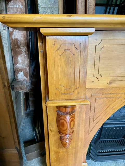 Detail of arched polished slim mantel with geometric carving on legs and breastplate with split turnings and bevelled mirror, top shelf W 1535 x D 155mm, height 1220mm, outer leg 1350mm, opening W 910 x H 930mm (M336) $445 salvaged vintage recycled, demolition, reproduction, restoration, home renovation secondhand, used , original, old, reclaimed, heritage, antique, victorian, art nouveau edwardian georgian art deco