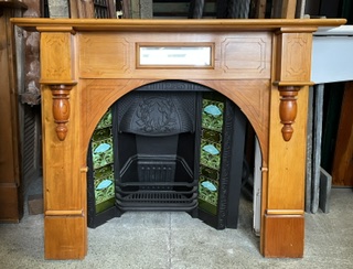 Arched polished slim mantel with geometric carving on legs and breastplate with split turnings and bevelled mirror, top shelf W 1535 x D 155mm, height 1220mm, outer leg 1350mm, opening W 910 x H 930mm (M336) $445 salvaged vintage recycled, demolition, reproduction, restoration, home renovation secondhand, used , original, old, reclaimed, heritage, antique, victorian, art nouveau edwardian georgian art deco