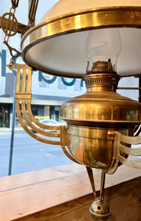 Detail of Art Nouveau hanging oil lamp with ornate brass frame, working rise and fall feature and geometric chain links with a milk glass shade, never electrified but could be, 1500mm drop x 550mm diam (L458) $875 salvaged vintage recycled, demolition, reproduction, restoration, home renovation secondhand, used , original, old, reclaimed, heritage, antique, victorian, art nouveau edwardian georgian art deco