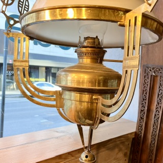 Detail of Art Nouveau hanging oil lamp with ornate brass frame, working rise and fall feature and geometric chain links with a milk glass shade, never electrified but could be, 1500mm drop x 550mm diam (L458) $875 salvaged vintage recycled, demolition, reproduction, restoration, home renovation secondhand, used , original, old, reclaimed, heritage, antique, victorian, art nouveau edwardian georgian art deco