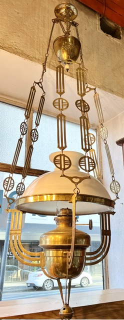 Art Nouveau hanging oil lamp with ornate brass frame, working rise and fall feature and geometric chain links with a milk glass shade, never electrified but could be, 1500mm drop x 550mm diam (L458) $875 salvaged vintage recycled, demolition, reproduction, restoration, home renovation secondhand, used , original, old, reclaimed, heritage, antique, victorian, art nouveau edwardian georgian art deco