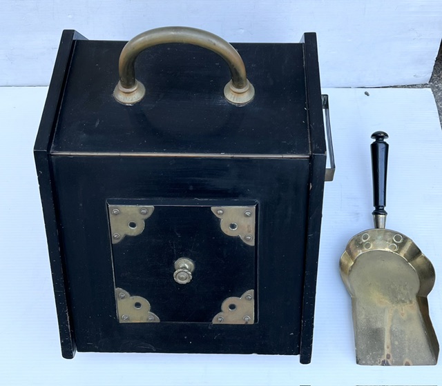 Victorian era coal scuttle/wood box circa 1880s with brass detailing, black lacquered timber and metal insert with matching shovel, H 315 x W 330 x D 525mm (F469) $475 salvaged vintage recycled, demolition, reproduction, restoration, home renovation secondhand, used , original, old, reclaimed, heritage, antique, victorian, art nouveau edwardian georgian art deco