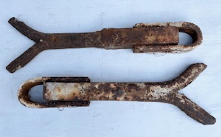 Cast iron gate hinge brackets with saddles, total length 410mm (G72) $185 each salvaged vintage recycled, demolition, reproduction, restoration, home renovation secondhand, used , original, old, reclaimed, heritage, antique, victorian, art nouveau edwardian georgian art deco