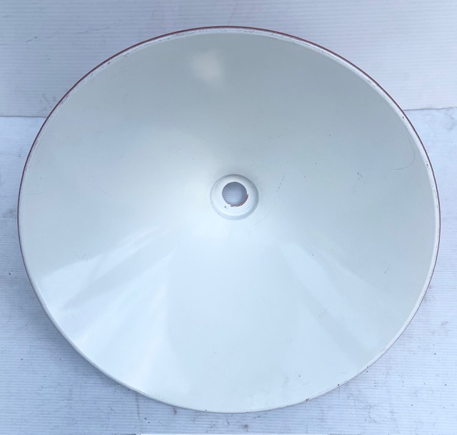 Blush enamel metal cone shaped large light shade, interior view, 380mm diam, opening 30mm (L461) $30 salvaged vintage recycled, demolition, reproduction, restoration, home renovation secondhand, used , original, old, reclaimed, heritage, antique, victorian, art nouveau edwardian georgian art deco