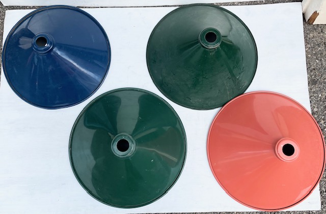 Enamel metal cone shaped medium light shades in blue, green and blush available, 330mm diam, opening 30mm (L460) $25 each salvaged vintage recycled, demolition, reproduction, restoration, home renovation secondhand, used , original, old, reclaimed, heritage, antique, victorian, art nouveau edwardian georgian art deco