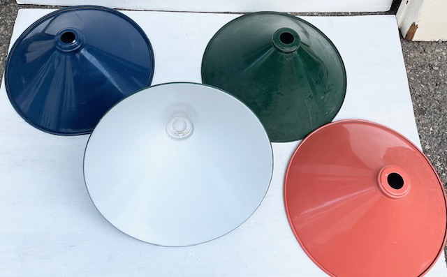 View 2 of enamel metal cone shaped medium light shades in blue, green and blush available, 330mm diam, opening 30mm (L460) $25 each salvaged vintage recycled, demolition, reproduction, restoration, home renovation secondhand, used , original, old, reclaimed, heritage, antique, victorian, art nouveau edwardian georgian art deco
